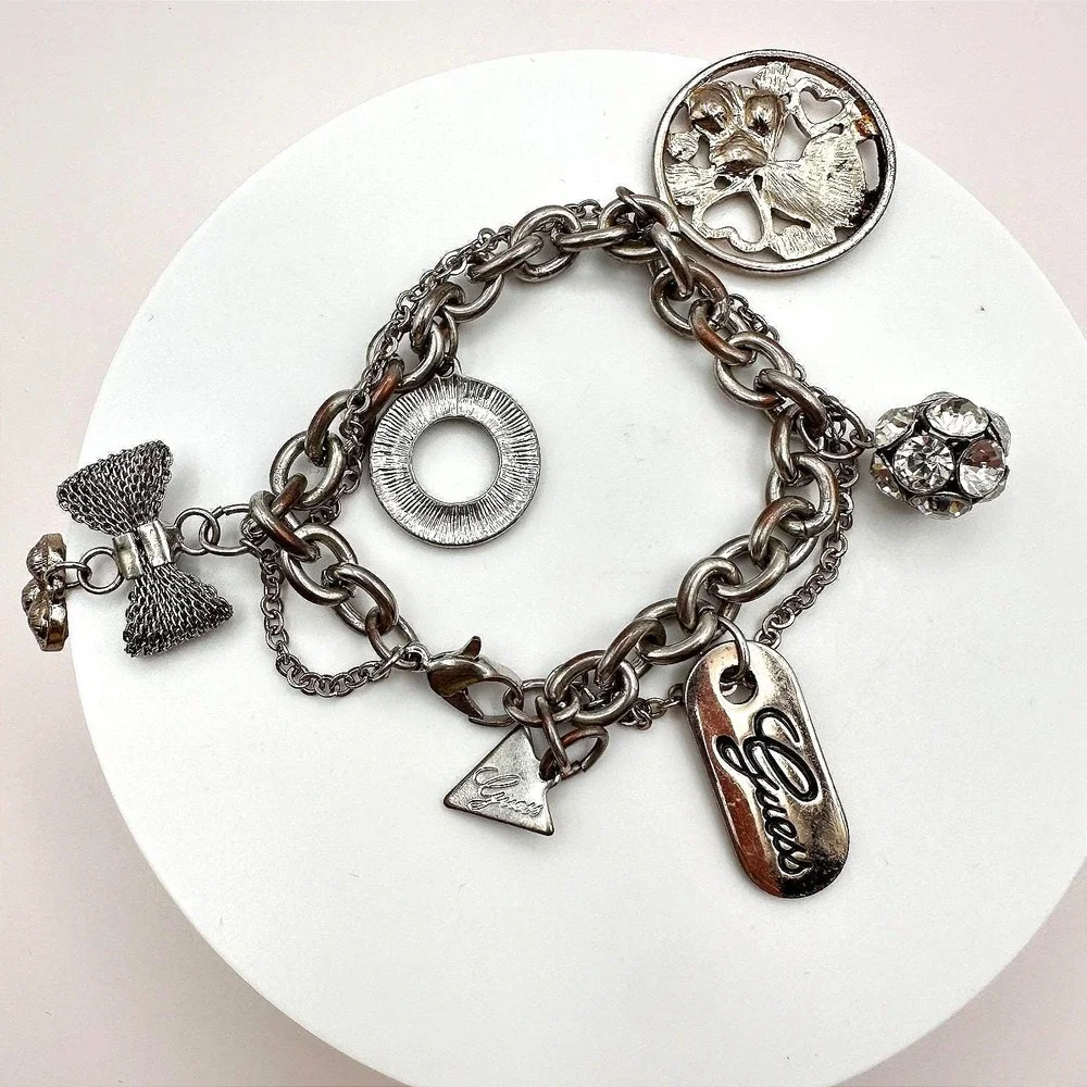 Vintage Y2K Guess Silvertone Bracelet Multi-Charm Statement Boho Fashion Jewelry